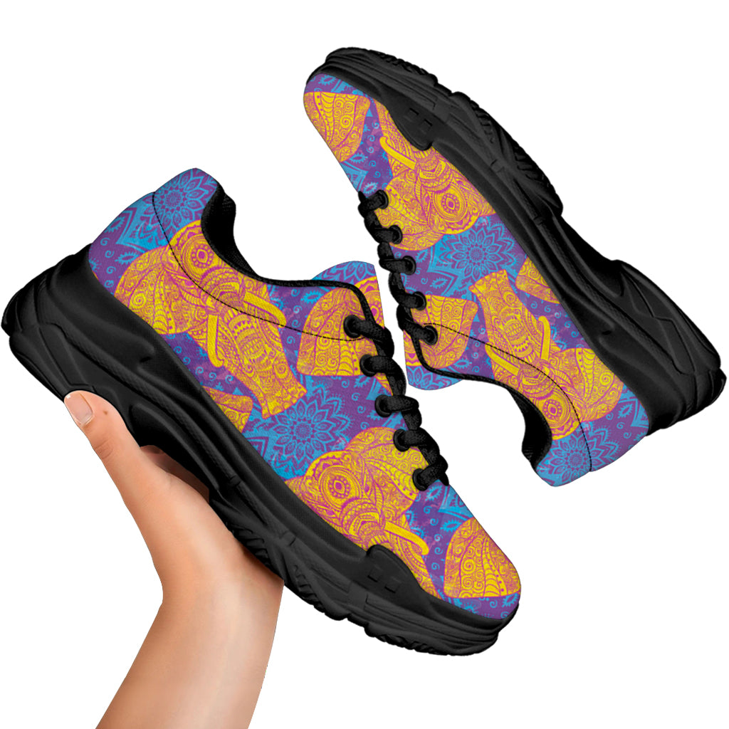 Yellow Mandala Elephant Pattern Print Black Chunky Shoes