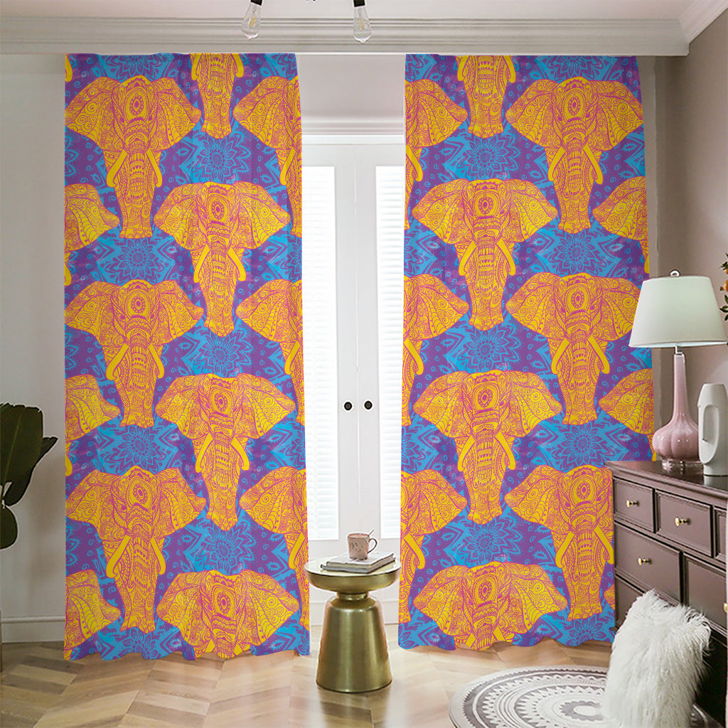 Yellow Mandala Elephant Pattern Print Blackout Pencil Pleat Curtains