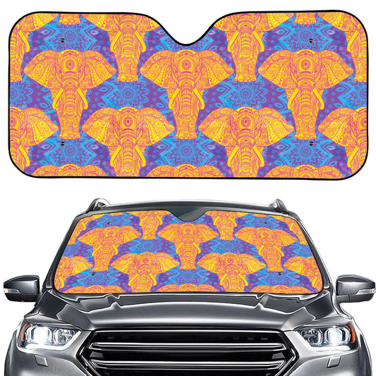 Yellow Mandala Elephant Pattern Print Car Windshield Sun Shade