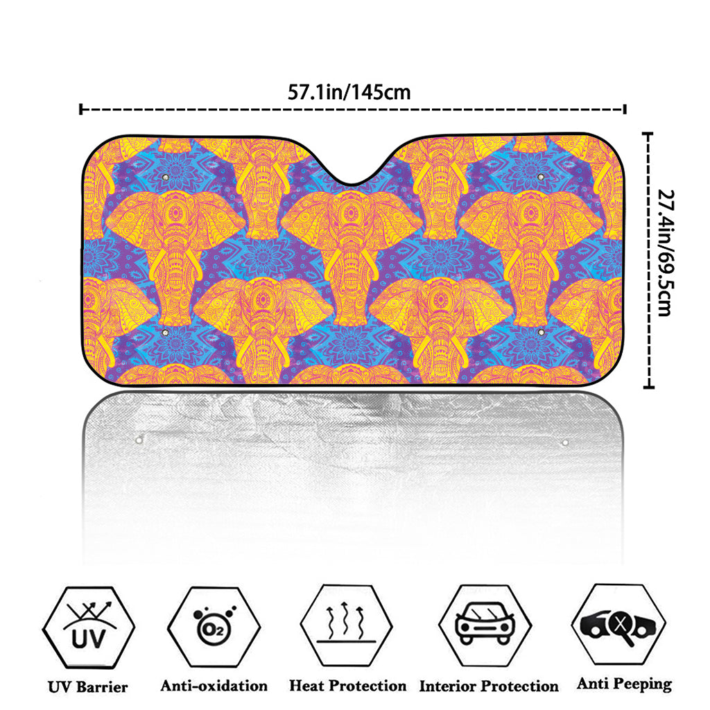 Yellow Mandala Elephant Pattern Print Car Windshield Sun Shade
