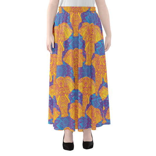 Yellow Mandala Elephant Pattern Print Chiffon Maxi Skirt