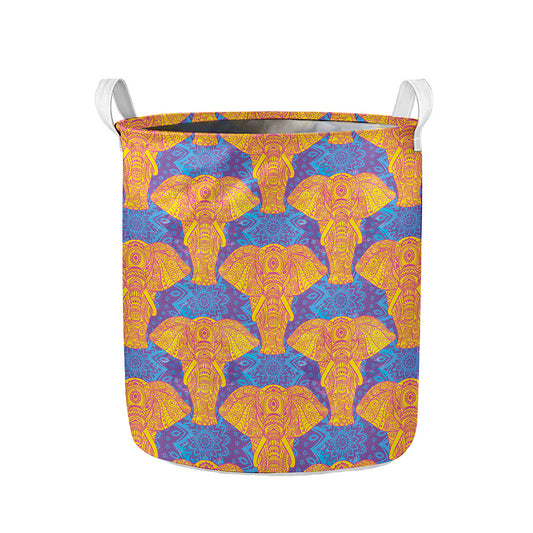 Yellow Mandala Elephant Pattern Print Collapsible Laundry Basket