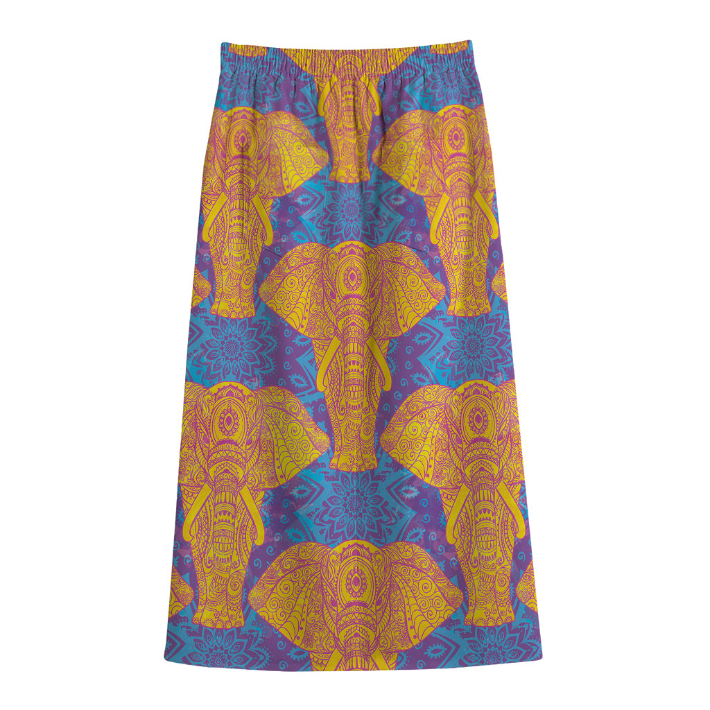 Yellow Mandala Elephant Pattern Print Cotton Front Slit Maxi Skirt