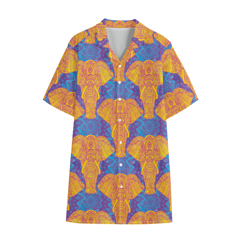 Yellow Mandala Elephant Pattern Print Cotton Hawaiian Shirt