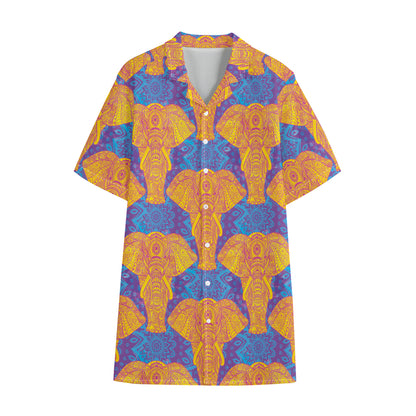 Yellow Mandala Elephant Pattern Print Cotton Hawaiian Shirt