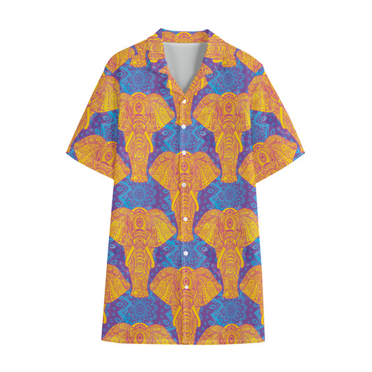 Yellow Mandala Elephant Pattern Print Cotton Hawaiian Shirt