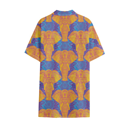 Yellow Mandala Elephant Pattern Print Cotton Hawaiian Shirt