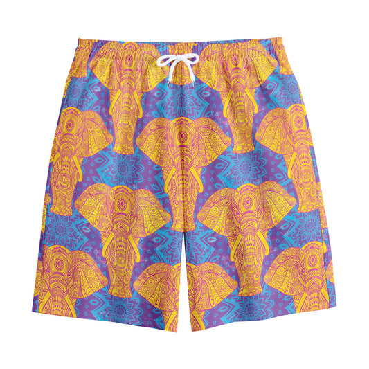 Yellow Mandala Elephant Pattern Print Cotton Shorts
