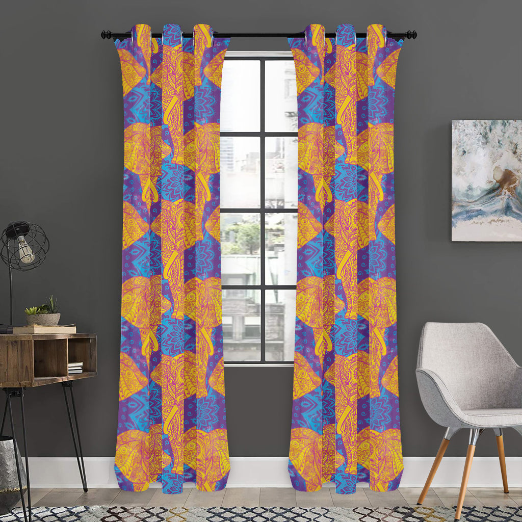 Yellow Mandala Elephant Pattern Print Curtain