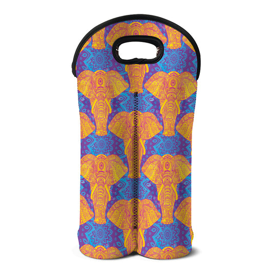 Yellow Mandala Elephant Pattern Print Double Neoprene Wine Tote