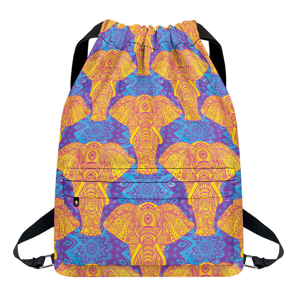 Yellow Mandala Elephant Pattern Print Drawstring Backpack