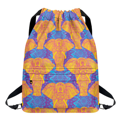 Yellow Mandala Elephant Pattern Print Drawstring Backpack