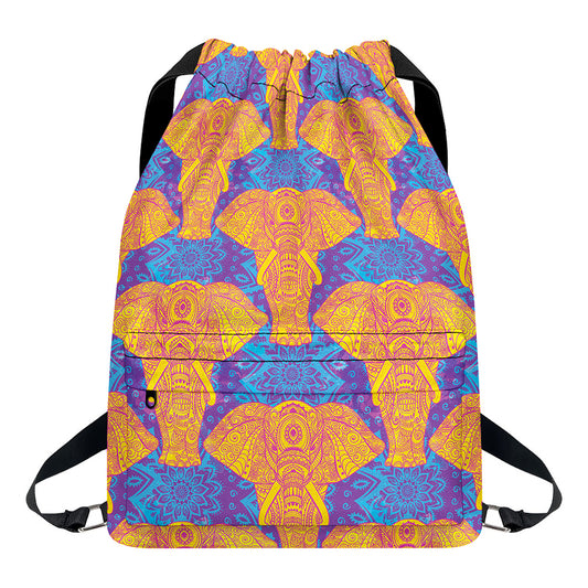Yellow Mandala Elephant Pattern Print Drawstring Backpack