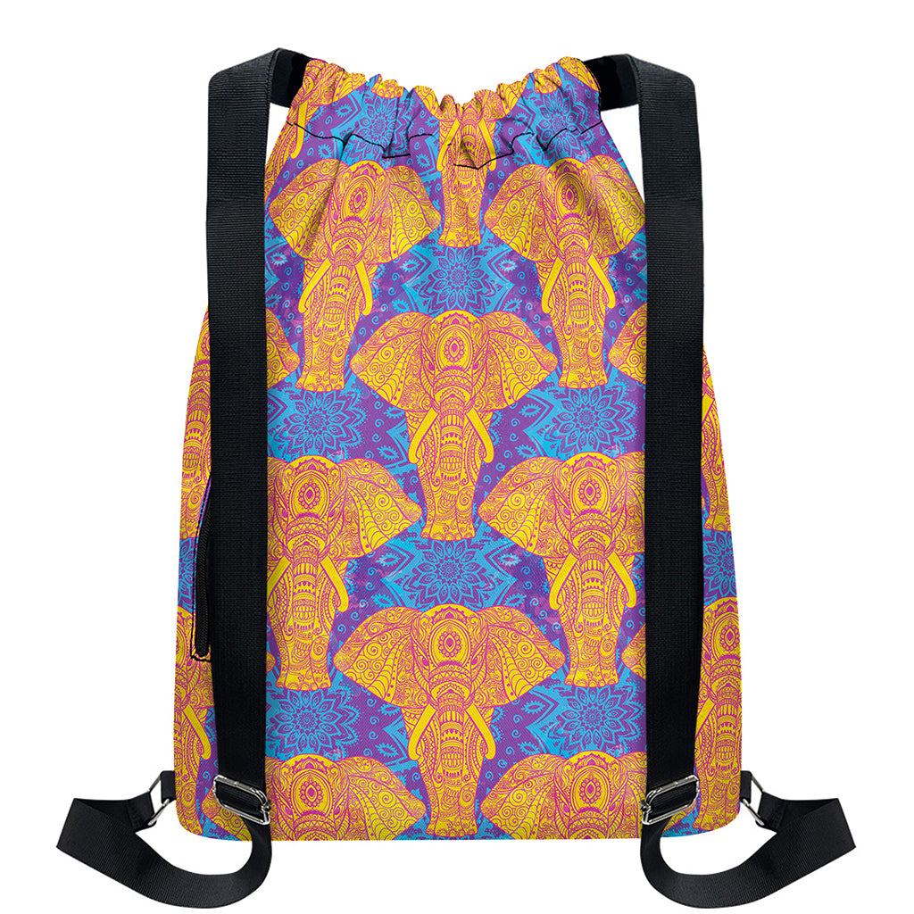 Yellow Mandala Elephant Pattern Print Drawstring Backpack
