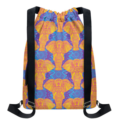 Yellow Mandala Elephant Pattern Print Drawstring Backpack