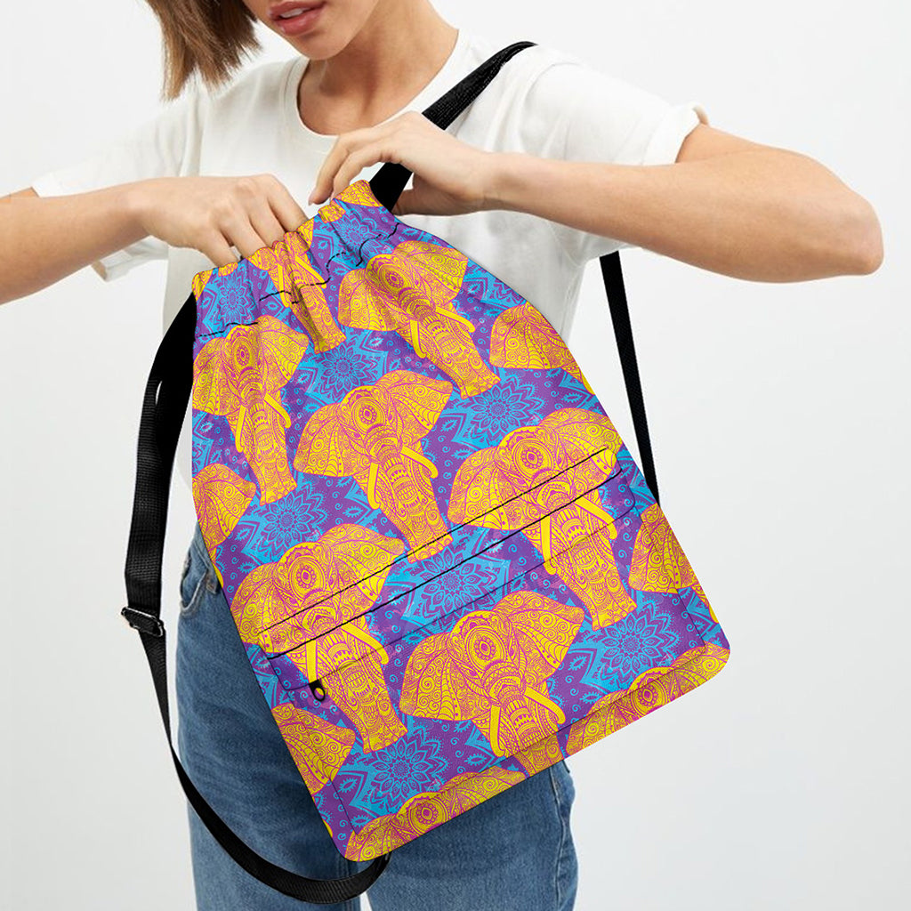 Yellow Mandala Elephant Pattern Print Drawstring Backpack