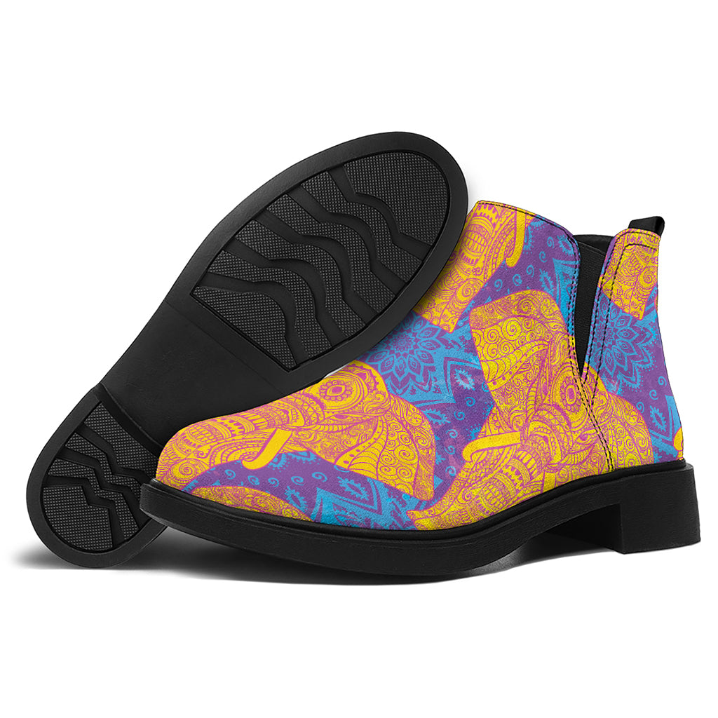 Yellow Mandala Elephant Pattern Print Flat Ankle Boots