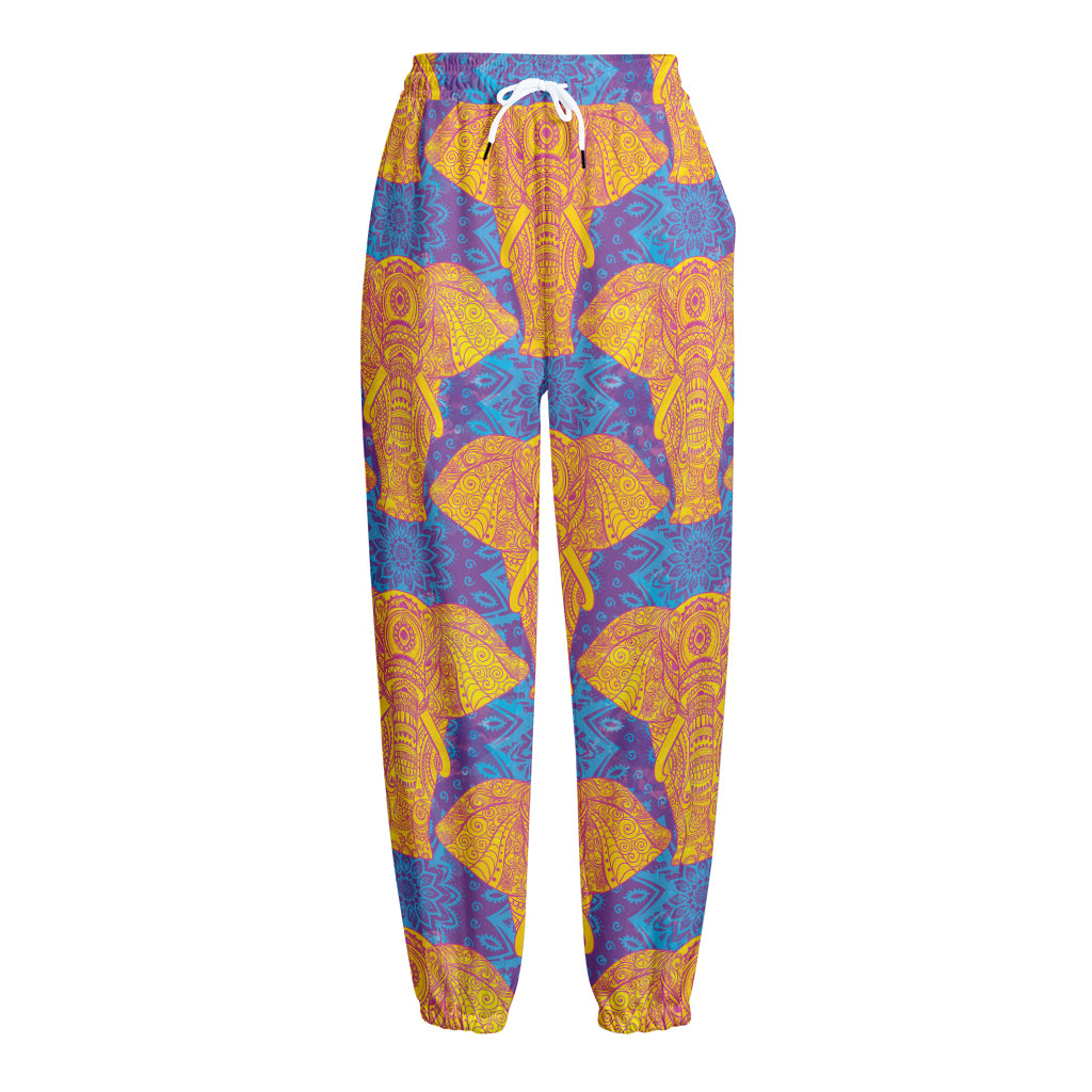 Yellow Mandala Elephant Pattern Print Fleece Lined Knit Pants