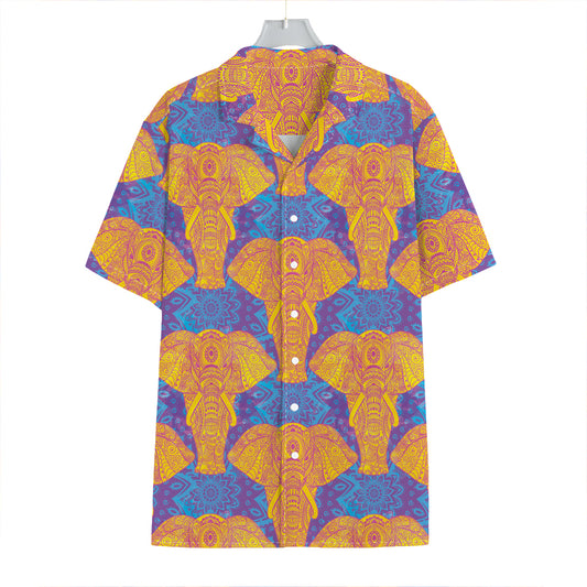 Yellow Mandala Elephant Pattern Print Hawaiian Shirt