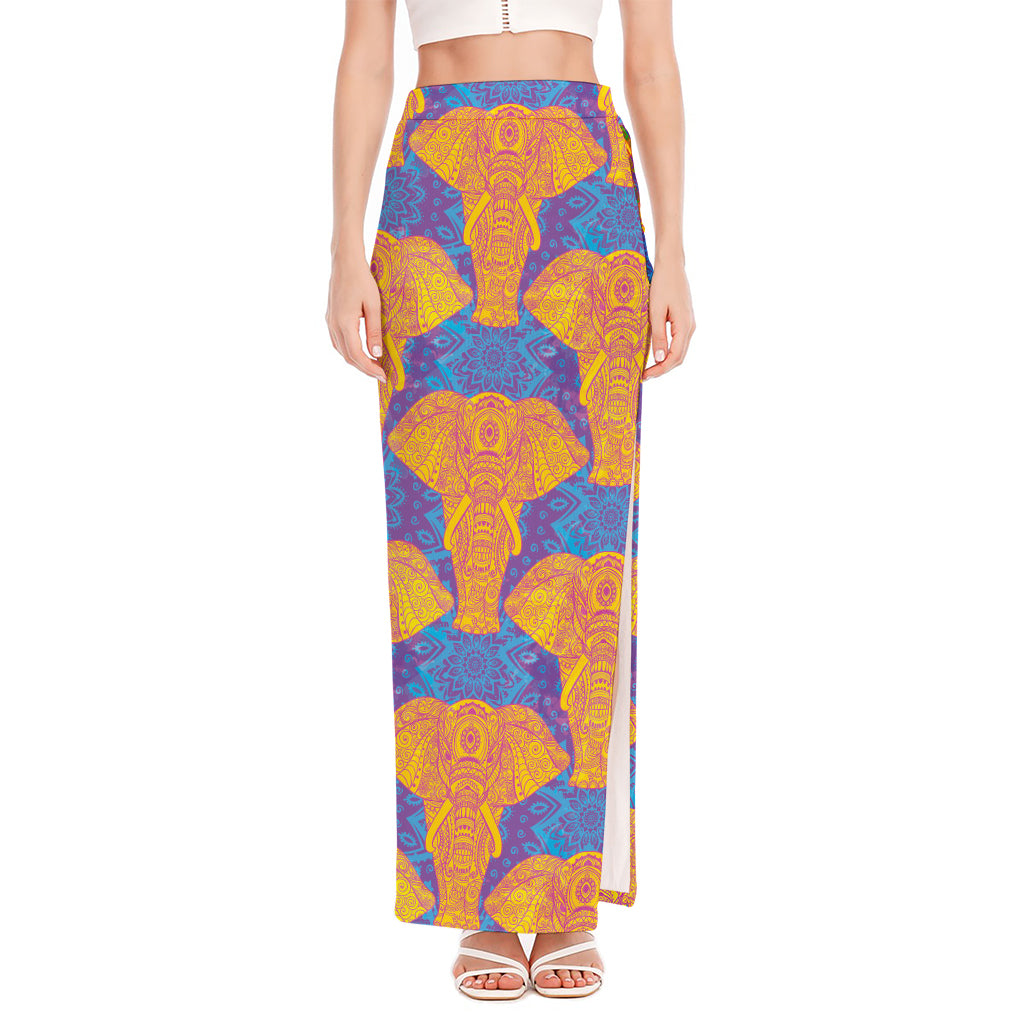 Yellow Mandala Elephant Pattern Print High Slit Maxi Skirt
