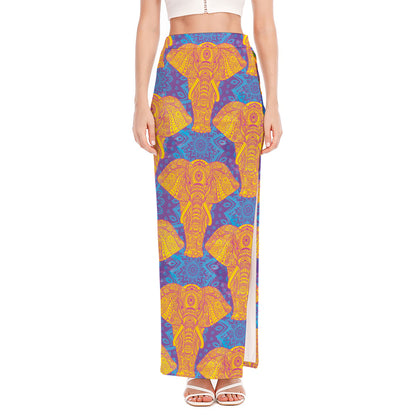 Yellow Mandala Elephant Pattern Print High Slit Maxi Skirt