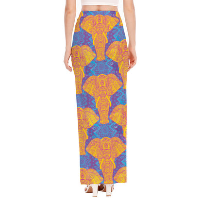Yellow Mandala Elephant Pattern Print High Slit Maxi Skirt
