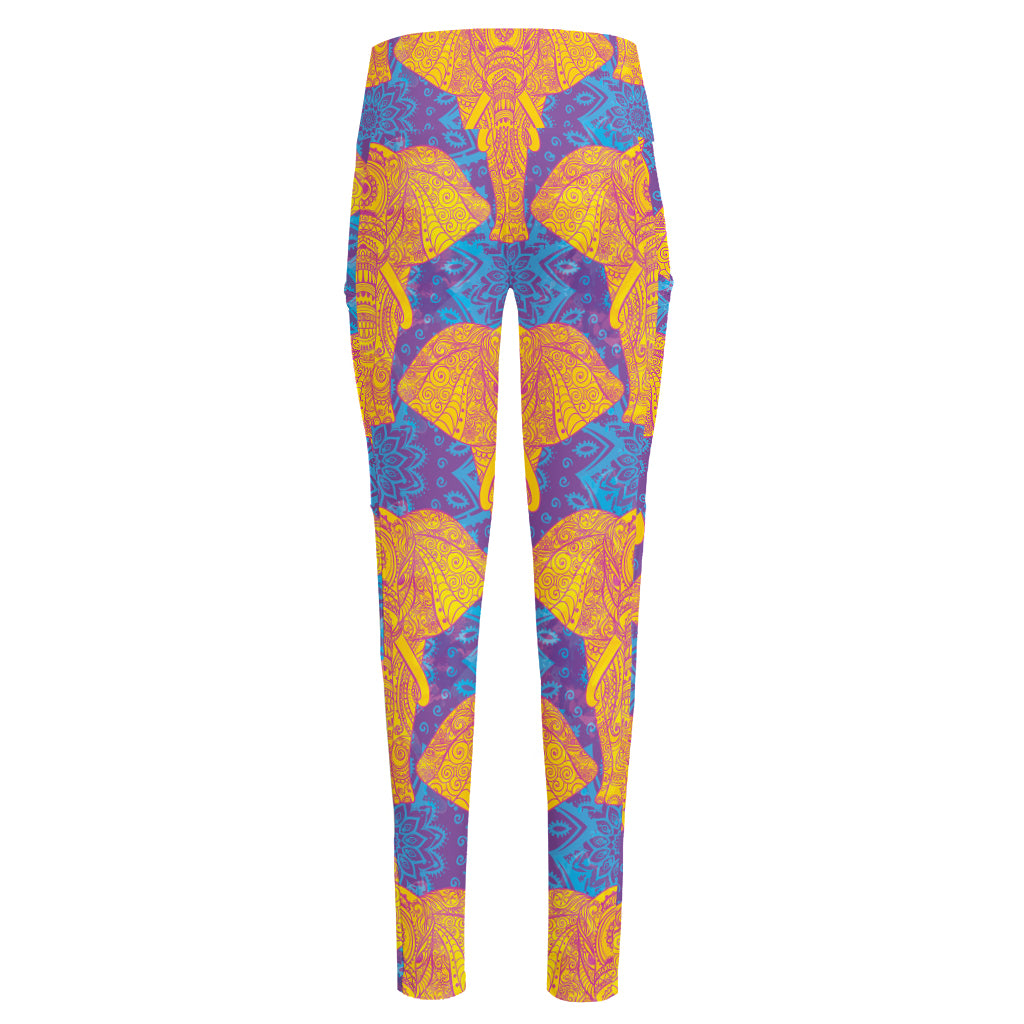 Yellow Mandala Elephant Pattern Print High-Waisted Pocket Leggings