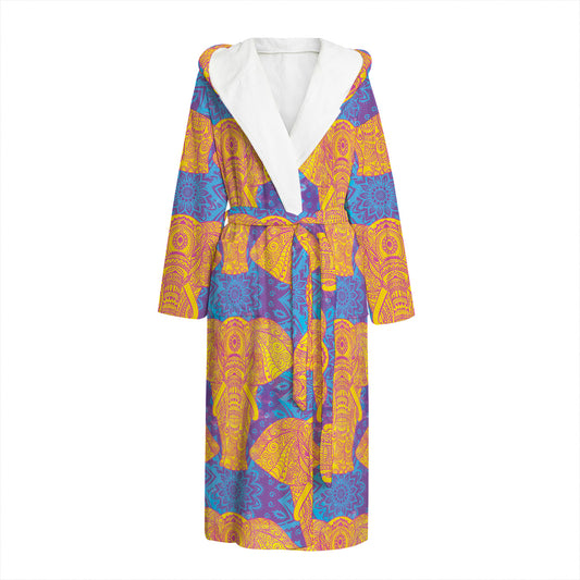 Yellow Mandala Elephant Pattern Print Hooded Bathrobe