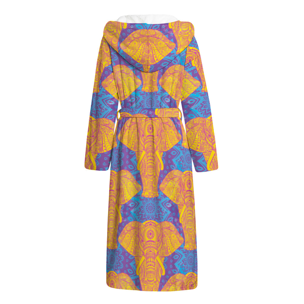 Yellow Mandala Elephant Pattern Print Hooded Bathrobe