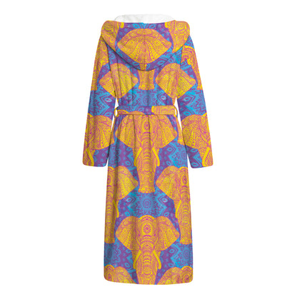Yellow Mandala Elephant Pattern Print Hooded Bathrobe