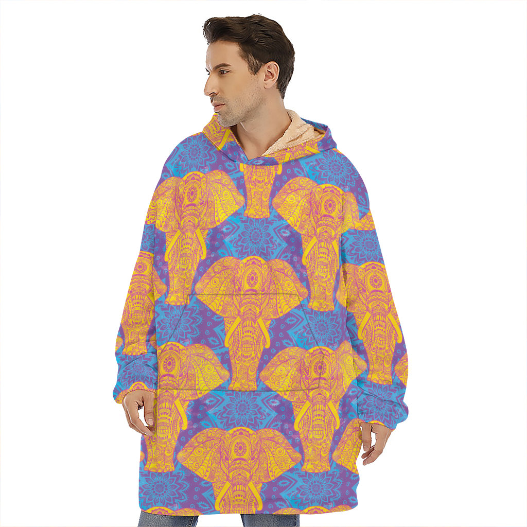 Yellow Mandala Elephant Pattern Print Hoodie Blanket