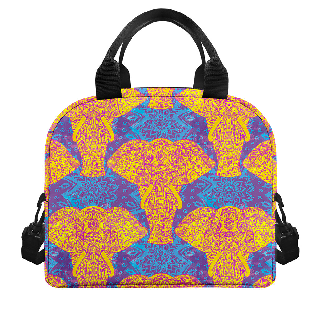 Yellow Mandala Elephant Pattern Print Insulated Lunch Bag