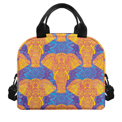 Yellow Mandala Elephant Pattern Print Insulated Lunch Bag
