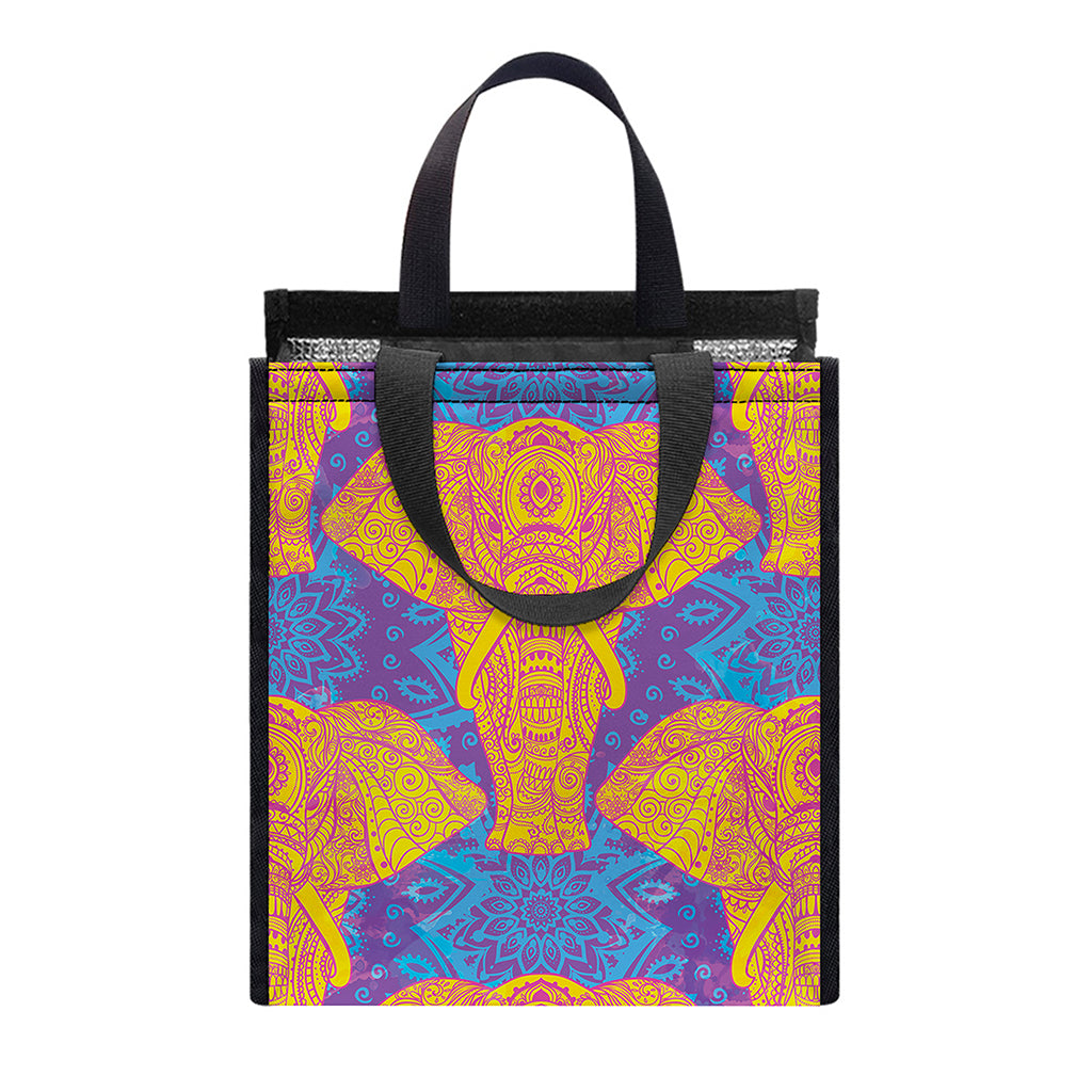 Yellow Mandala Elephant Pattern Print Insulated Lunch Tote
