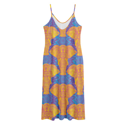 Yellow Mandala Elephant Pattern Print Jersey Midi Cami Dress