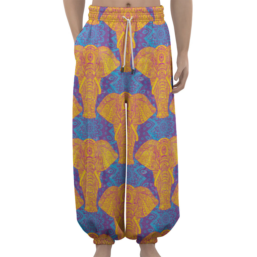 Yellow Mandala Elephant Pattern Print Lantern Pants