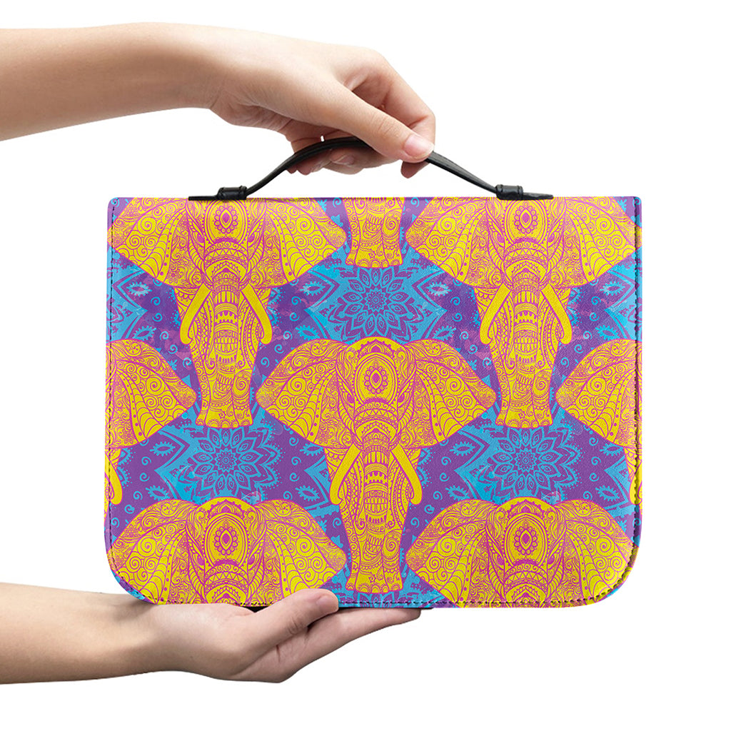 Yellow Mandala Elephant Pattern Print Leather Bible Cover