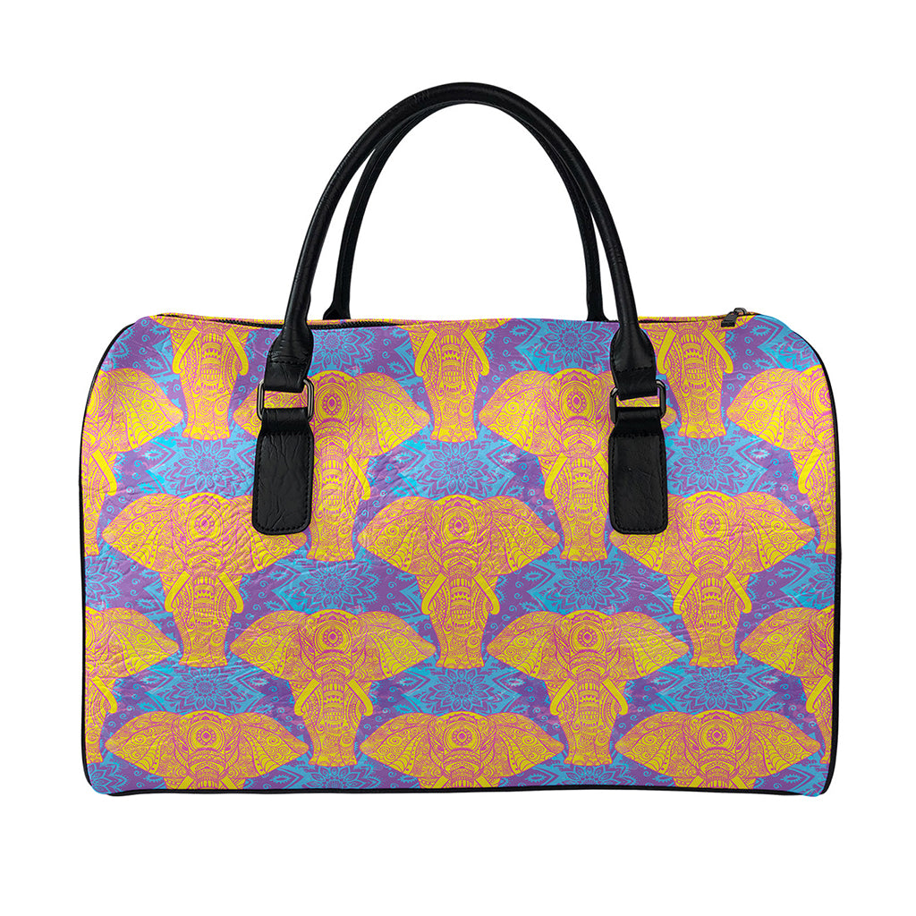 Yellow Mandala Elephant Pattern Print Leather Duffle Bag