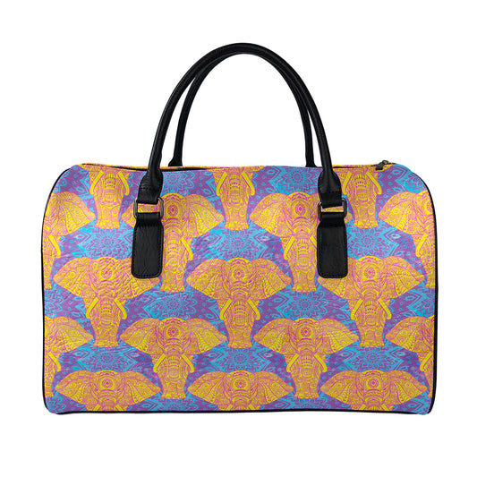 Yellow Mandala Elephant Pattern Print Leather Duffle Bag