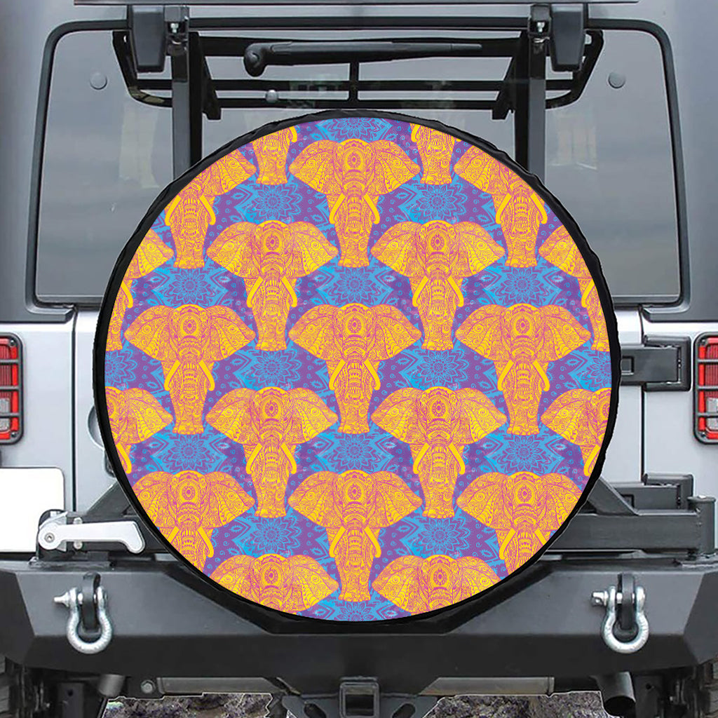 Yellow Mandala Elephant Pattern Print Leather Spare Tire Cover
