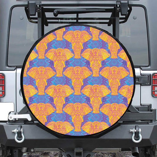 Yellow Mandala Elephant Pattern Print Leather Spare Tire Cover