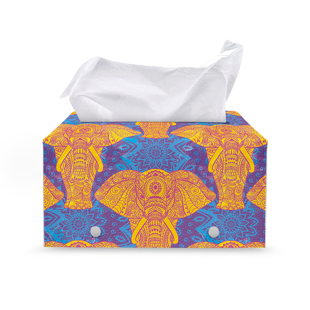 Yellow Mandala Elephant Pattern Print Leather Tissue Box Cover