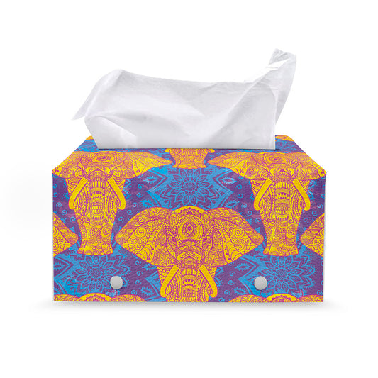 Yellow Mandala Elephant Pattern Print Leather Tissue Box Cover