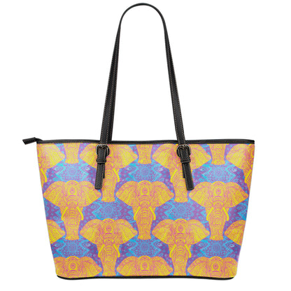 Yellow Mandala Elephant Pattern Print Leather Tote Bag