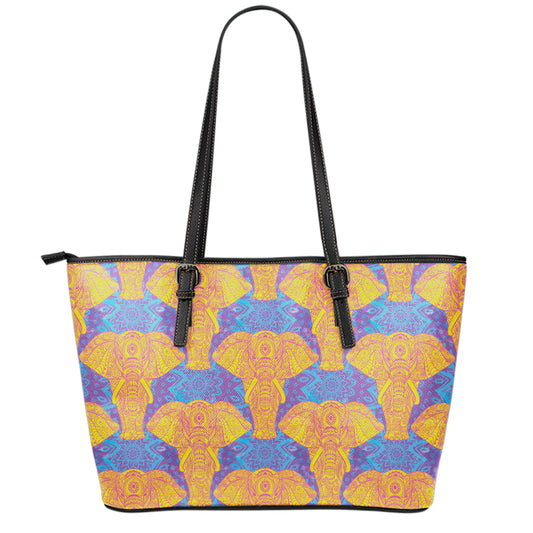 Yellow Mandala Elephant Pattern Print Leather Tote Bag
