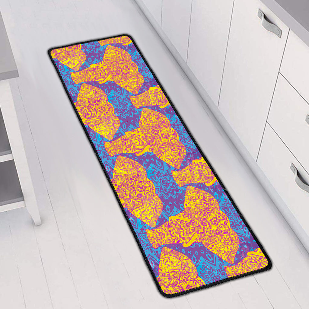 Yellow Mandala Elephant Pattern Print Long Kitchen Mat