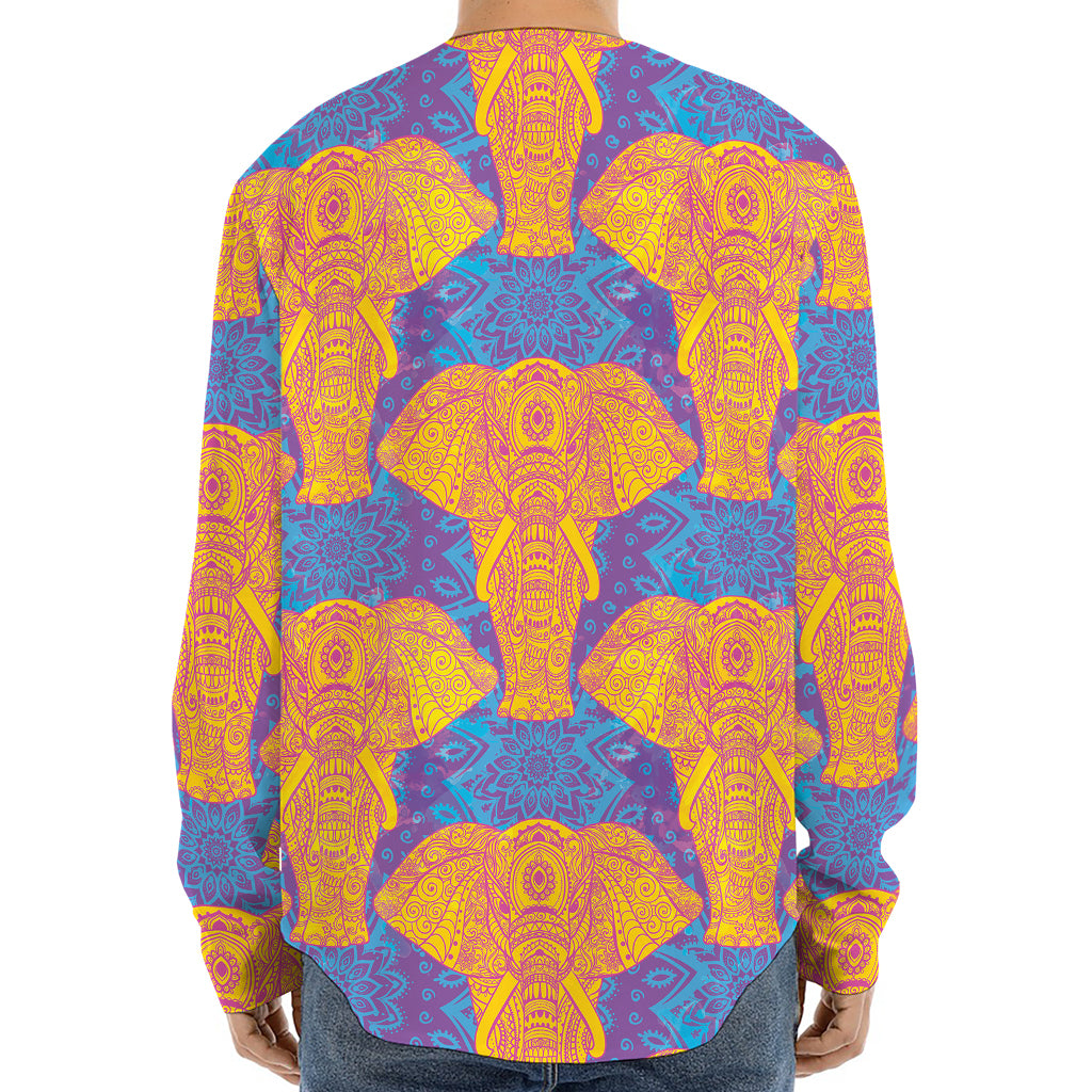 Yellow Mandala Elephant Pattern Print Long Sleeve Baseball Jersey