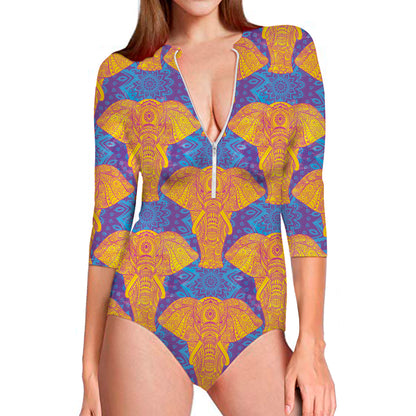 Yellow Mandala Elephant Pattern Print Long Sleeve Swimsuit