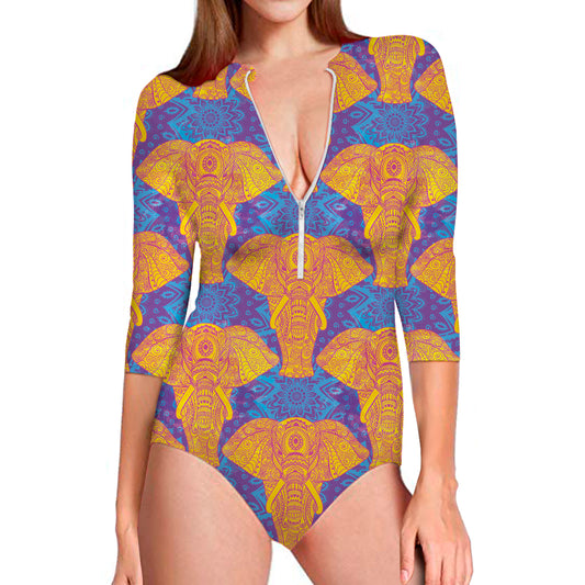 Yellow Mandala Elephant Pattern Print Long Sleeve Swimsuit