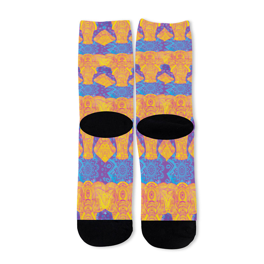 Yellow Mandala Elephant Pattern Print Long Socks